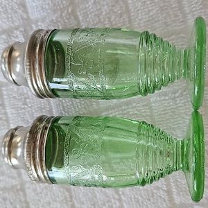 Uranium Glass Cloverleaf Pattern Green Vintage Salt and Pepper Depression Era